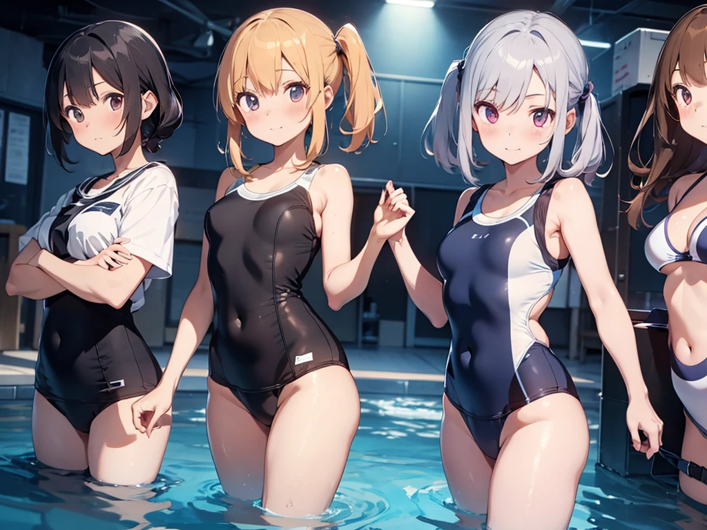 School swimsuit 3girls, cyber world, hologram, School swimsuit, cyber world, Hologram, SF, gleaming, glamourous, glossy skin