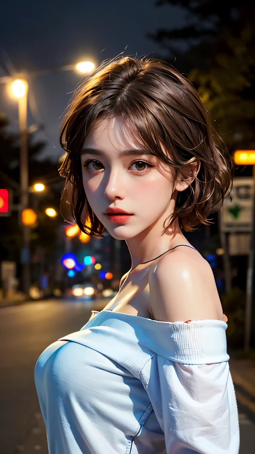 Highest quality, masterpiece, Ultra-high resolution, (Realistic:1.4), RAW Photos, One Girl, Off the shoulder, In the Dark, Deep Shadow, moderate, Night Alley, short hair, roadside,walk, 20-year-old,Cute Face, Small breasts, Tight shirt,(head shot:1.5)