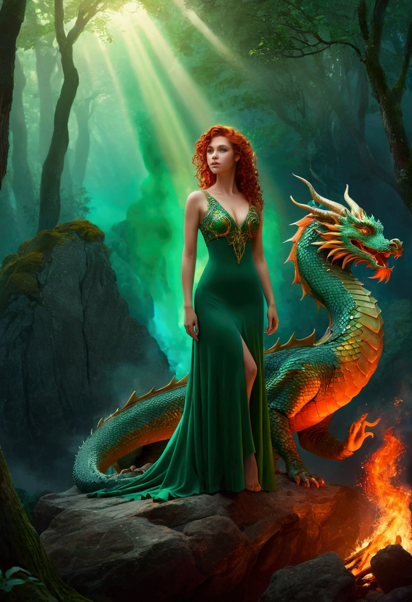 The painting shows a woman wearing a green dress、Woman with curly brown hair, Under the dragon standing on a rock ledge in the fire, Fire Goddess, Wonderful fiery mood, Fantastic digital painting, Magical colors and atmosphere, Get lost in a dreamy fairytale world, Magical colors and atmosphere,  fiery glow, moody misty fantasy art, Standing in the mysterious forest, Fantasy Numbers, Dragon Calm, Dreamlike scene, Mysterious scene, Fire Queen