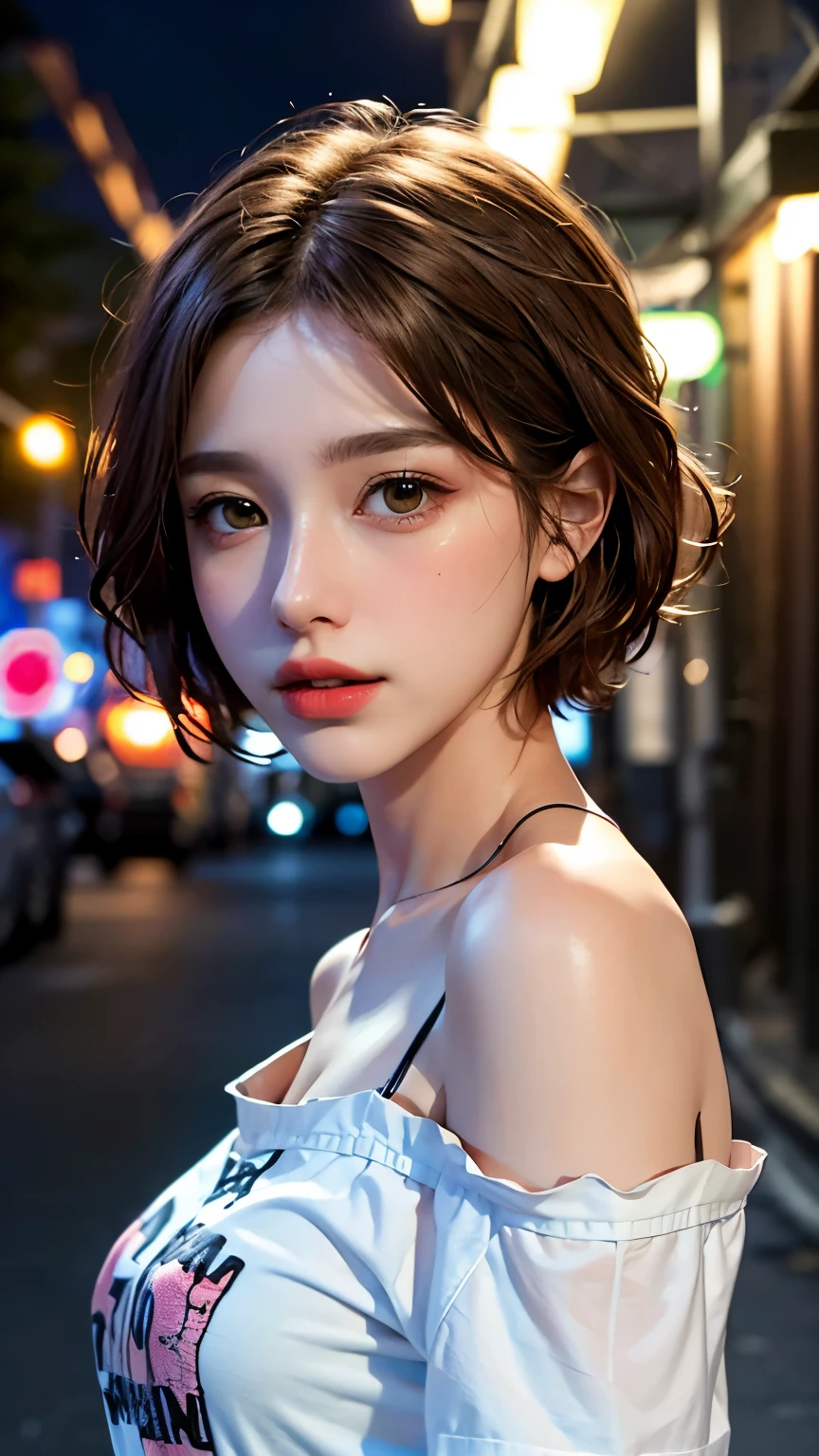 Highest quality, masterpiece, Ultra-high resolution, (Realistic:1.4), RAW Photos, One Girl, Off the shoulder, In the Dark, Deep Shadow, moderate, Night Alley, short hair, roadside,walk, 20-year-old,Cute Face, Small breasts, Tight shirt,(head shot:1.5)