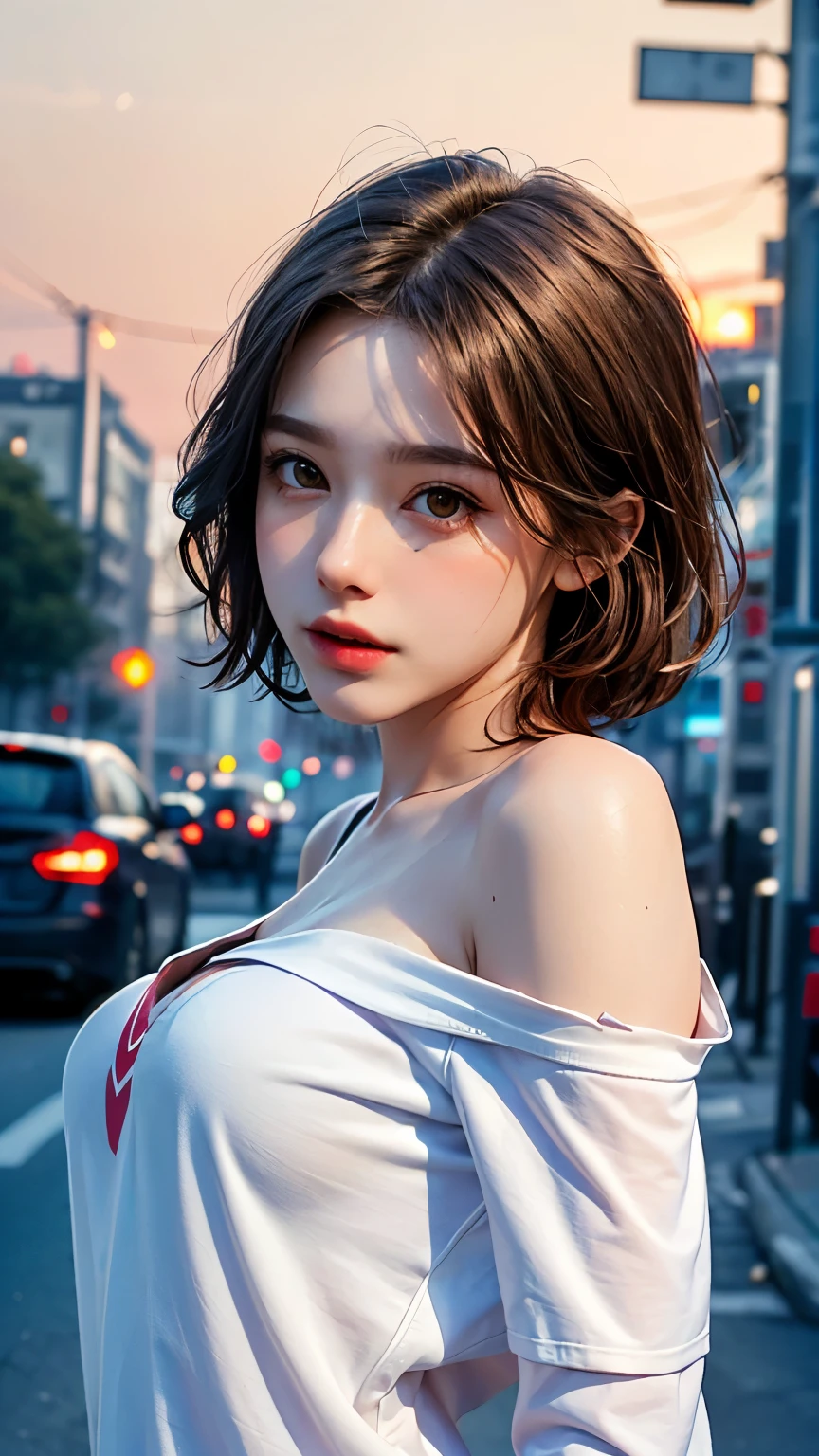 Highest quality, masterpiece, Ultra-high resolution, (Realistic:1.4), RAW Photos, One Girl, Off the shoulder, In the Dark, Deep Shadow, moderate, Night Alley, short hair, roadside,walk, 20-year-old,Cute Face, Small breasts, Tight shirt,(head shot:1.5)