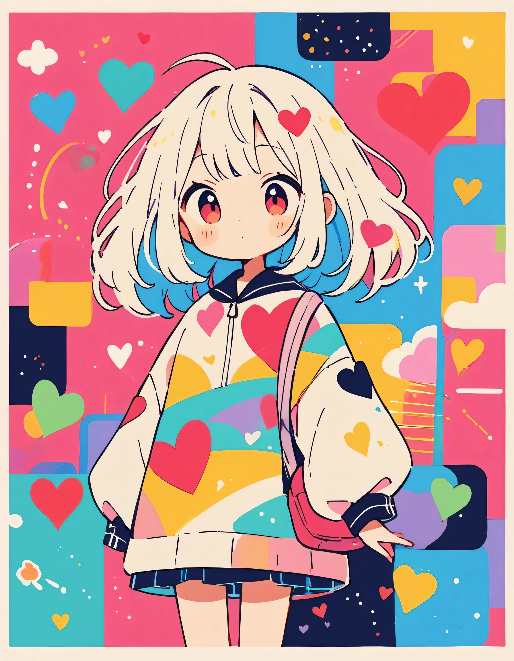 Hayao Miyazaki colorful style, Simple Line Initialism,Abstract art,Urban Background, (((The most beautiful girl of all time))), Sweet face. colorful hearts, kawaii design, The background is space
