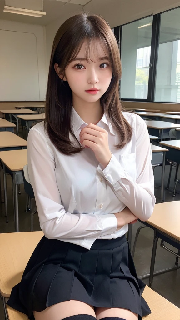 (masterpiece:1.5)、(Realistic:1.5)、(Highest quality:1.4、8k、RAW Photos）、
Ultra-high resolution、Professional Lighting、Perfect dynamic composition、classroom、
Film Grain、chromatic aberration、(Bokeh:1.1)、
Frank、Sophisticated、charm、Surreal、Attention to detail、Golden Ratio、
(1 girl)、Slender girl、Delicate and charming girl、Cute Woman:1.4、
Serious expression、Looking at the audience、Long Hair、
Light brown hair、Shiny Hair、Hairstyle: ponytail、
Realistic looking skin、
Beautiful Eyes、double eyelid、Thin arms、School uniforms、blazer、Dress shirt、Check skirt、Black knee socks