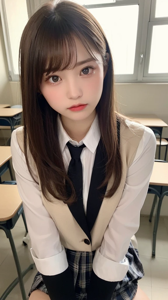 (masterpiece:1.5)、(Realistic:1.5)、(Highest quality:1.4、8k、RAW Photos)、
Ultra-high resolution、Professional Lighting、Perfect dynamic composition、classroom、
Film Grain、chromatic aberration、(Bokeh:1.1)、
Frank、Sophisticated、charm、Surreal、Attention to detail、Golden Ratio、
(1 girl)、Slender girl、Delicate and charming girl、Cute Woman:1.4、
Serious expression、Looking at the audience、Long Hair、
Light brown hair、Shiny Hair、Hairstyle: ponytail、
Realistic looking skin、
Beautiful Eyes、double eyelid、Thin arms、School uniforms、blazer、Dress shirt、Check skirt、Black knee socks