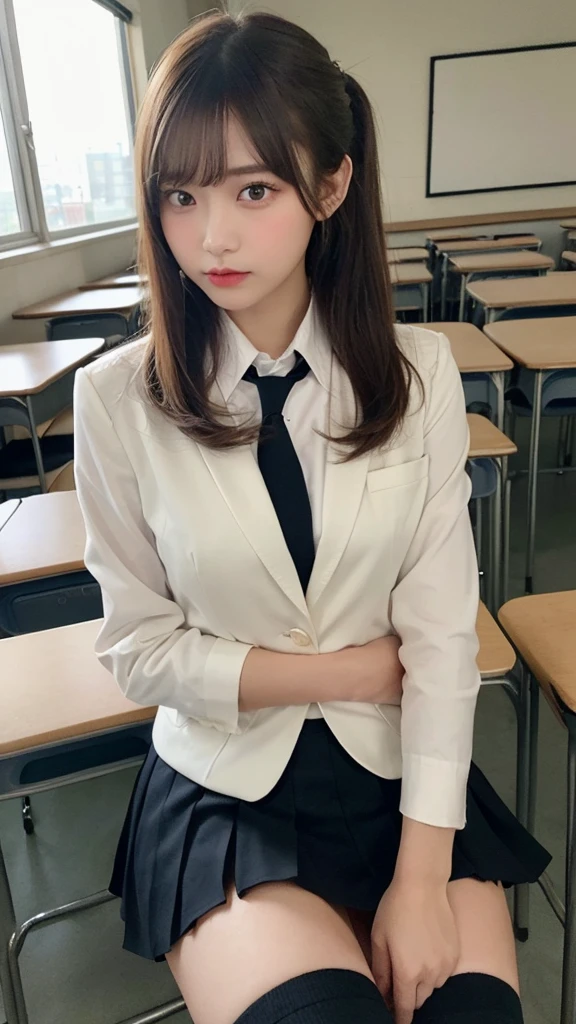 (masterpiece:1.5)、(Realistic:1.5)、(Highest quality:1.4、8k、RAW Photos）、
Ultra-high resolution、Professional Lighting、Perfect dynamic composition、classroom、
Film Grain、chromatic aberration、(Bokeh:1.1)、
Frank、Sophisticated、charm、Surreal、Attention to detail、Golden Ratio、
(1 girl)、Slender girl、Delicate and charming girl、Cute Woman:1.4、
Serious expression、Looking at the audience、Long Hair、
Light brown hair、Shiny Hair、Hairstyle: ponytail、
Realistic looking skin、
Beautiful Eyes、double eyelid、Thin arms、School uniforms、blazer、Dress shirt、Check skirt、Black knee socks