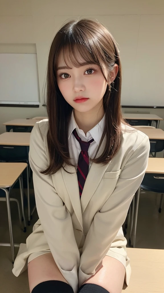 (masterpiece:1.5)、(Realistic:1.5)、(Highest quality:1.4、8k、RAW Photos)、
Ultra-high resolution、Professional Lighting、Perfect dynamic composition、classroom、
Film Grain、chromatic aberration、(Bokeh:1.1)、
Frank、Sophisticated、charm、Surreal、Attention to detail、Golden Ratio、
(1 girl)、Slender girl、Delicate and charming girl、Cute Woman:1.4、
Serious expression、Looking at the audience、Long Hair、
Light brown hair、Shiny Hair、Hairstyle: ponytail、
Realistic looking skin、
Beautiful Eyes、double eyelid、Thin arms、School uniforms、blazer、Dress shirt、Check skirt、Black knee socks