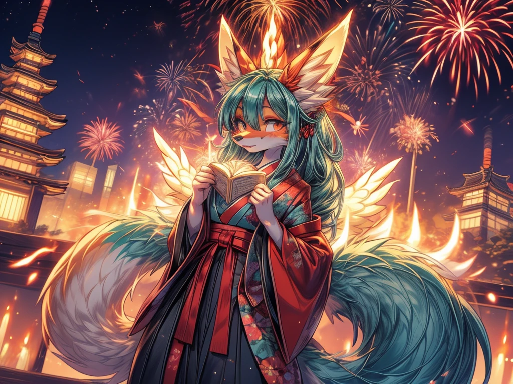 ((A masterpiece))The best quality, Japanese Teen Hatsune Miku x Kitsune , fox face elongated snout add detail, Surprise face, add_Detailsl, guerrero kitsune en el hanami de primavera add_Detailsl:1, add descalzo_Detailsl:1 mystical aura, enjoy the fireworks add_Details, fullbody