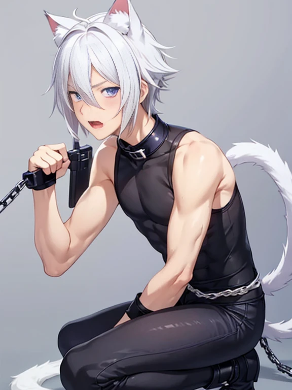 ****ung person,alone,18-year-old,male,Shocked facial expression,blush,good looking,White hair Blue eyes,Purple eyes, Cat ear　Side view　Kneeled　Open your mouth and scream　suffer　Sleeveless, wistful expression　Exposure to electricity　Gets done　Thick tail　Upper body naked　Raised to be sexy　Arms up Black pants　I can see your chained flank