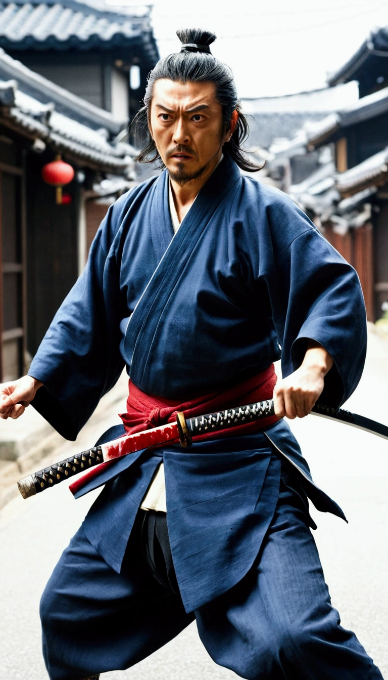 「A scene of young Miyamoto Musashi fighting in the street。His expression is serious、Surprised people around々There are。」