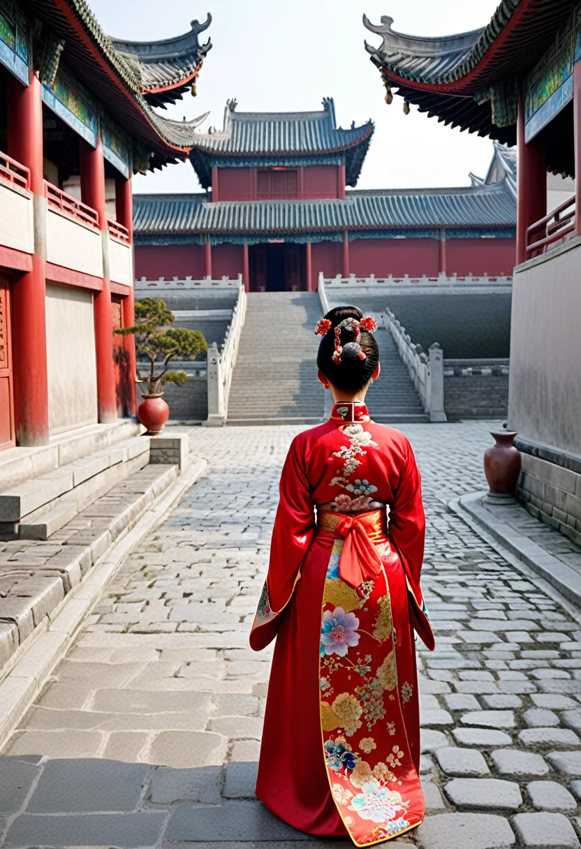Photo from behind On the cobblestones outside the Qing Dynasty Palace、Empress Qing Dynasty、She is wearing a red Manchu outfit with a flashy floral pattern, and her hair is tied up and pulled up with a large, flashy flower and a hairpin. The figure shows her big buttocks exposed with her loincloth hanging down.