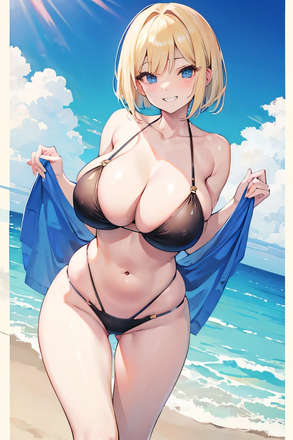 Blonde, short bob hair, big breasts,swimsuit,grin