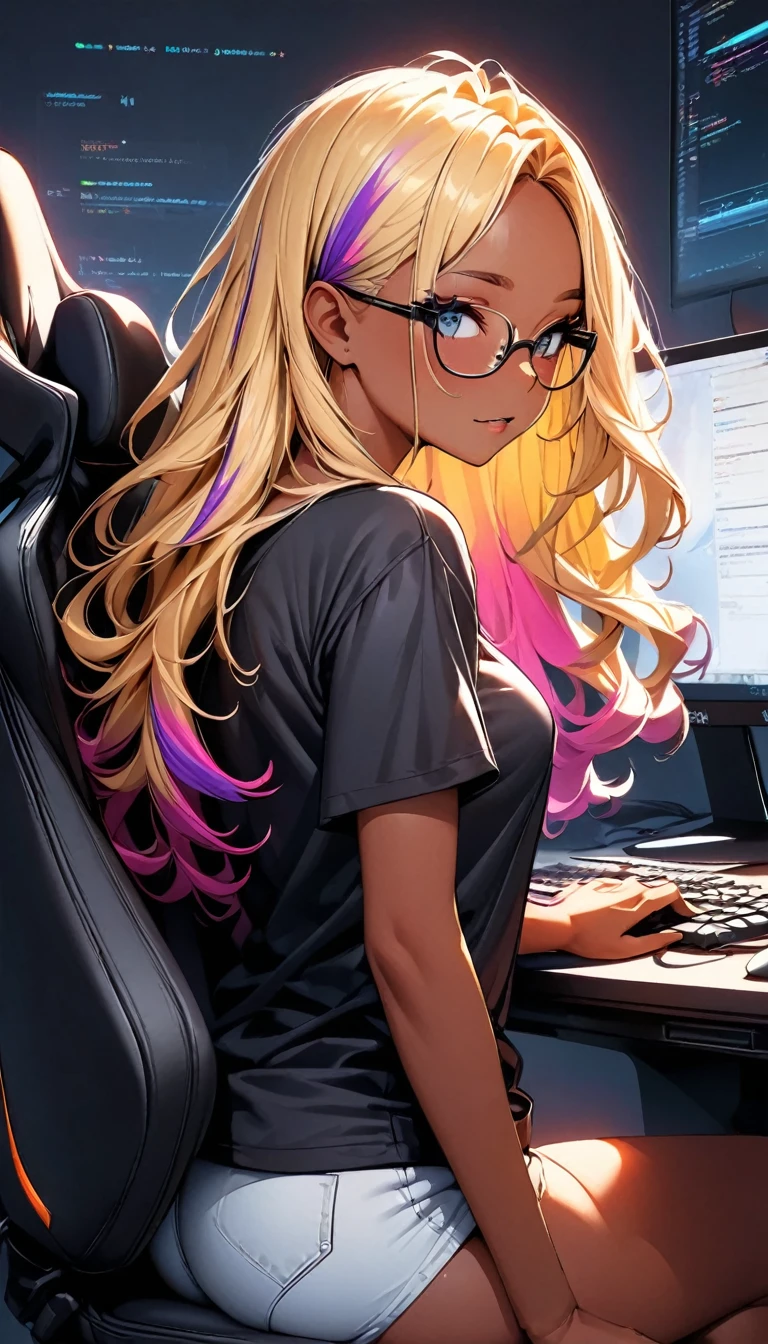 (highest quality:1.2, Very detailed, up to date, Vibrant, Ultra-high resolution, High Contrast, masterpiece:1.2, highest quality, Best aesthetics), Portraiture、girl、slim, Bright colors、Beautiful fine details、Beautiful lip detail、long hair, ((wavy hair:0.4))、messy hair, blonde and blue ((streaked hair:1.3)), highlights hair: 1.3, (medium breast:1), (tan skin:1.3), black t-shirt, pants, game programer, programming on the desk PC., sitting gaming chair, glasses, side shot, (cowboy shot:1.2), (look at PC on the desk)