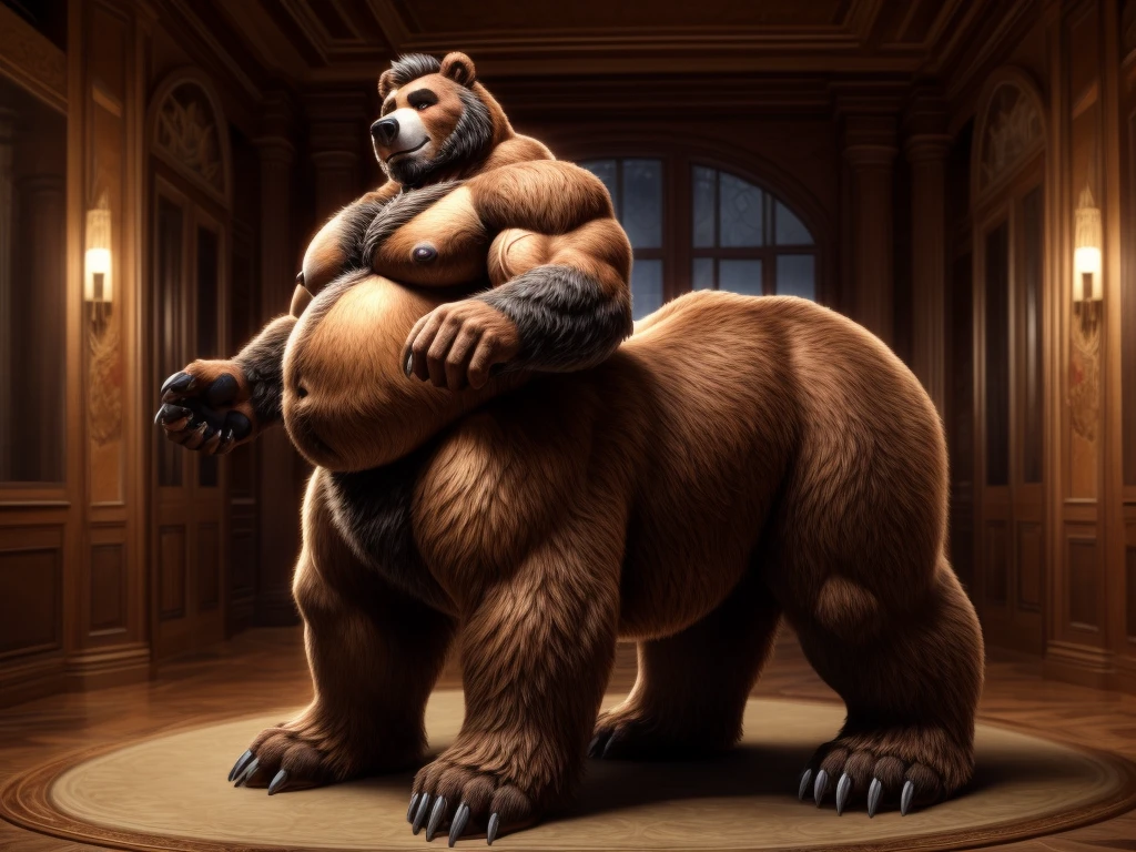 furry, fur taur, beartaur, human-like, anthro, middle-age, solo,1man, detailed face, bear ears, bear eyes(brown), bear nose(black), bear mouth, beard(grey), hair, mature hair(grey), detailed arm, thick arm, forearm hair, muscular, thick hands(5 fingers), thick claws, detailed body belly, thick body, muscle belly(white), thick chest, chest hair(white), nipples, detailed taur body, thick taur body, waist hair, thick bear paws, bear paws hair, thick bear claws, thick bear tail, full body shot, standing in the north America bistro