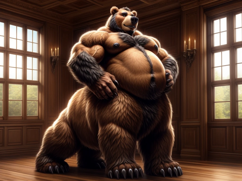 furry, fur taur, beartaur, human-like, anthro, middle-age, solo,1man, detailed face, bear ears, bear eyes(brown), bear nose(black), bear mouth, beard(grey), hair, mature hair(grey), detailed arm, thick arm, forearm hair, muscular, thick hands(5 fingers), thick claws, detailed body belly, thick body, muscle belly(white), thick chest, chest hair(white), nipples, detailed taur body, thick taur body, waist hair, thick bear paws, bear paws hair, thick bear claws, thick bear tail, full body shot, standing in the north America bistro