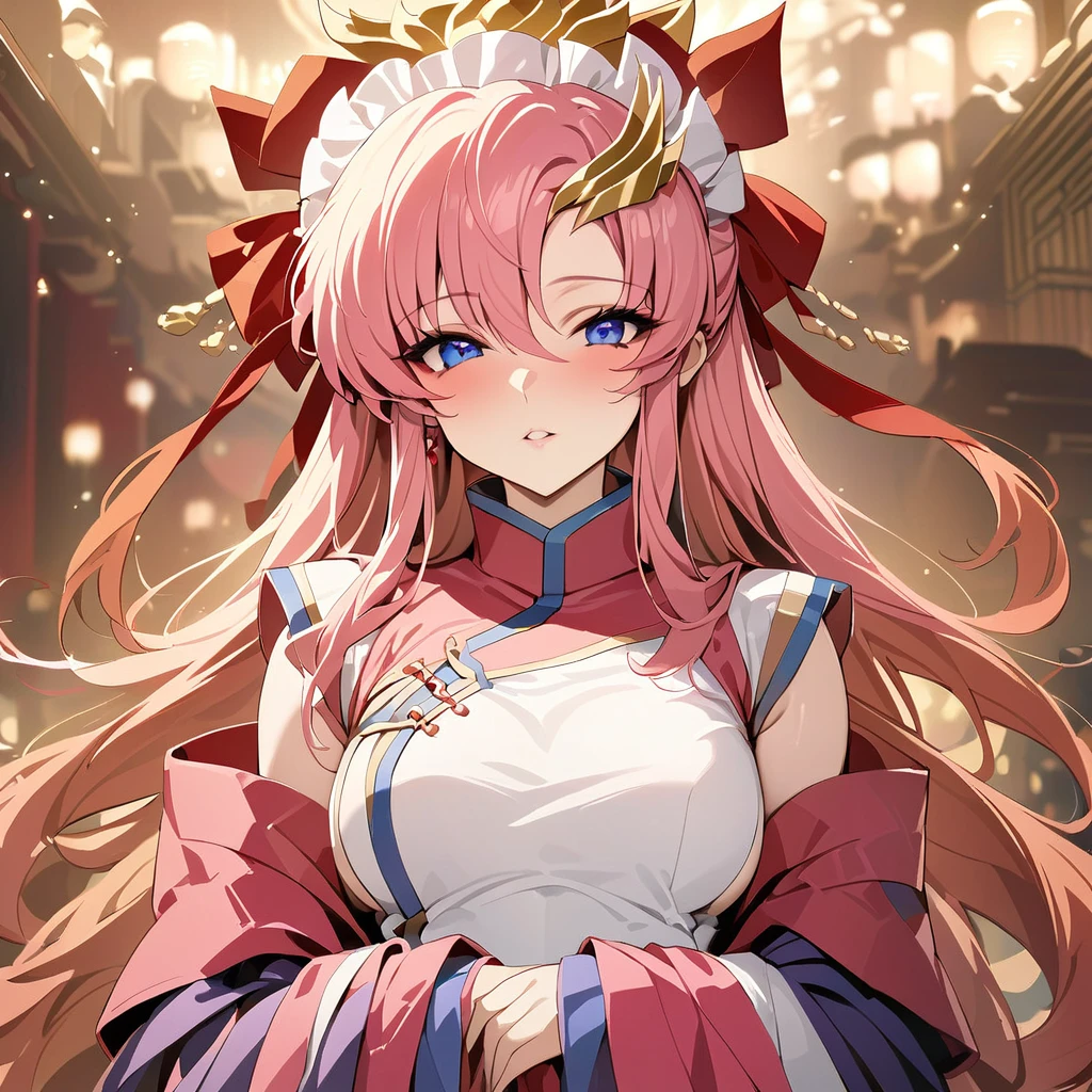 ((Highest quality)), ((masterpiece)), (detailed), （Perfect Face）、The female ancient Chinese empress is Lacus Clyne, with blue eyes, pink medium-long hair, wearing a gorgeous ancient Chinese empress outfit and a gorgeous empress headdress.