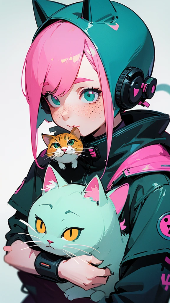 An illustration of a quirky girl with pink hair, in the style of Flat shading, Gemma Correll, with freckles and a cat on her shoulder, photo-manipulated, cyberpunk genre, pastel green --ar 48:85 --niji 5