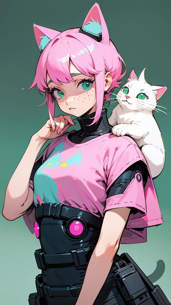 An illustration of a quirky girl with pink hair, in the style of Flat shading, Gemma Correll, with freckles and a cat on her shoulder, photo-manipulated, cyberpunk genre, pastel green --ar 48:85 --niji 5