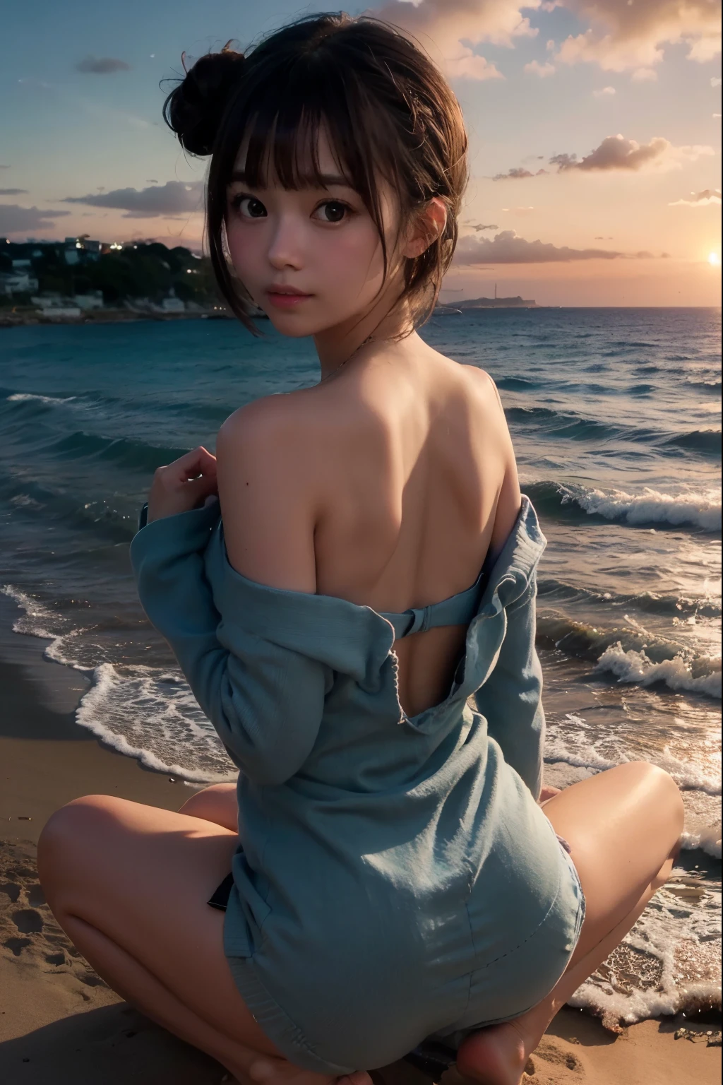 8K, RAW Photo, Best Quality, Masterpiece, Realistic, PhotoRealistic, Extremely Detailed 8K Wallpaper, Beautifully Detailed Eyes, Finely Detailed Face, 
 BREAK 
Cinematic Lighting, High-Key Lighting, 
 BREAK 
Background Serene Seascape, (1 Girl Undressed at Sandy Beach where Nobody was), 
 BREAK 
Perfectly Anatomically Correct, 5 Beautiful Finger, 
 BREAK 
1 Girl, (Very Short Hair Bun:1.2), Japanese, Captivating Eye Reflections, Wide-Set Eyes, Big Eyes, Almond-Shaped Eyes, Tareme, Double Eyelids, Eye Bags, Blush, Embarrassed, Very White Skinned, -Yeld, 
nd Face, Chiseled Face, Round Chin, Thin Lips, Small Nose, Baby Faceal-shaped Face, Open Mouse Slightly, [[Pouted Cheek]], 
Brown Hair, Wet Hair, Messy Hair, 
[Orgasm], Light Smiling, 
Looking Up Viewer, 
[[Weared Marc Jacobs Off Shoulder Top + Marc Jacobs Short Shorts]], 
Skindantation:1.1, Spread Legs:1.1, 
Showing off Buttocks, Medium ASS Upturned, Beautiful Spherical Shape Buttocks, 
 BREAK 
SFW:1.0, Non-Nipple:1.0, 
 BREAK 
Eye Focus, Feet Out of Frame, Bokeh:1.2