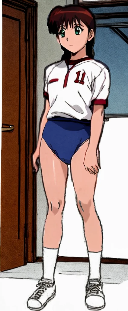 Miyanoshita Satsuki, with her beautiful legs, is standing in the school gym wearing a white gym uniform and light navy blue bloomers that look like panties.。