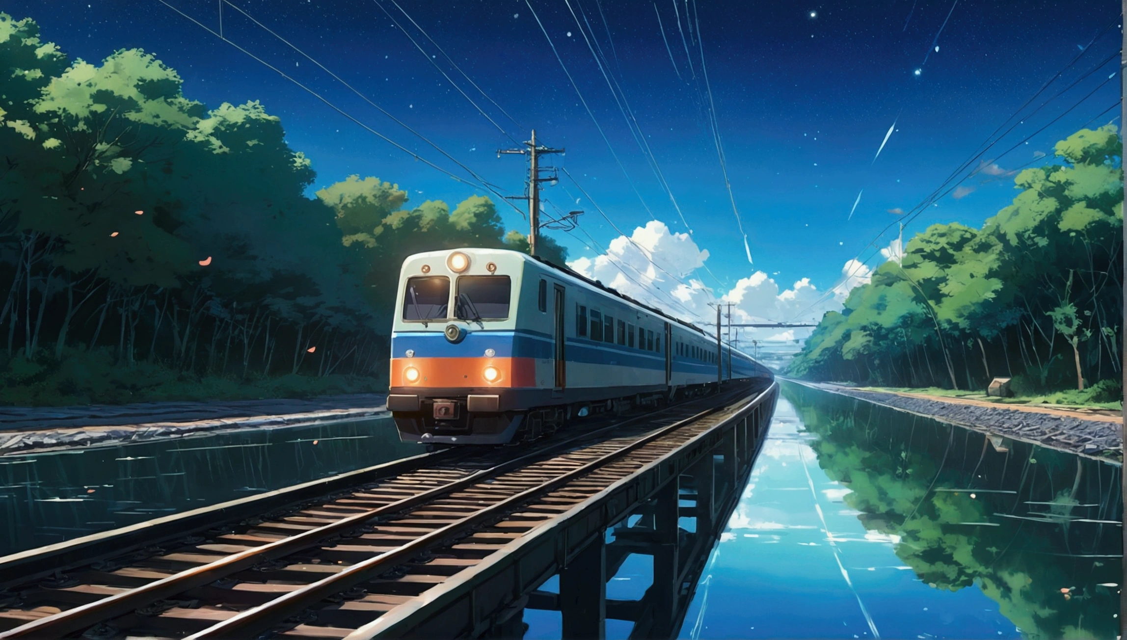 Masterpiece, Anime train passing through bodies of water on tracks, Bright starry sky. Romantic train, Makoto Shinkai's picture, Pisif, concept-art, Lofi art style, Reflection. By Makoto Shinkai, Lofi art, beautiful anime scenes, Anime landscape, Detailed scenery —width 672, in the style of makoto shinkai, Makoto Shinkai's style, Enhanced detail.
