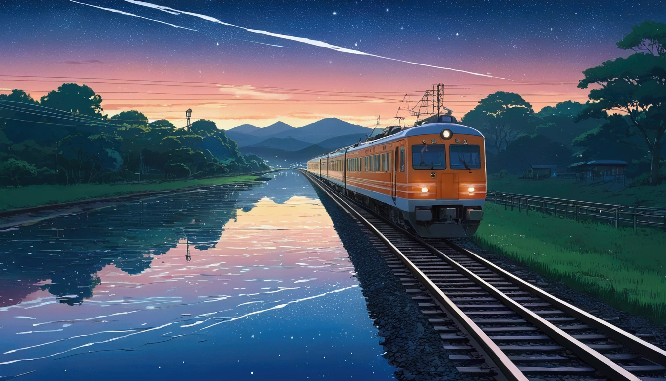 Masterpiece, Anime train passing through bodies of water on tracks, Bright starry sky. Romantic train, Makoto Shinkai's picture, Pisif, concept-art, Lofi art style, Reflection. By Makoto Shinkai, Lofi art, beautiful anime scenes, Anime landscape, Detailed scenery —width 672, in the style of makoto shinkai, Makoto Shinkai's style, Enhanced detail.