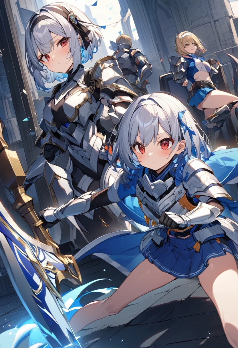 Two Girls（The first was（Silver hair short bob,Red eyes,kimono,Holds a golden sword,Silver Armor,Thighs,Blue Cape,White headband、Align to the right）、（The second person is（Long blue hair,Red eyes,Black armor,swimsuit style costume,mini skirt,Thighs,Having a spellbook,）Place Left）corrinFE、stand、中央で互いに背を向けてstand、pray、The background is brighter on the right、dark on the left.、Light and Dark、Lots of soldiers in the background、high resolution、The background in the middle is dazzling、『if』The character
