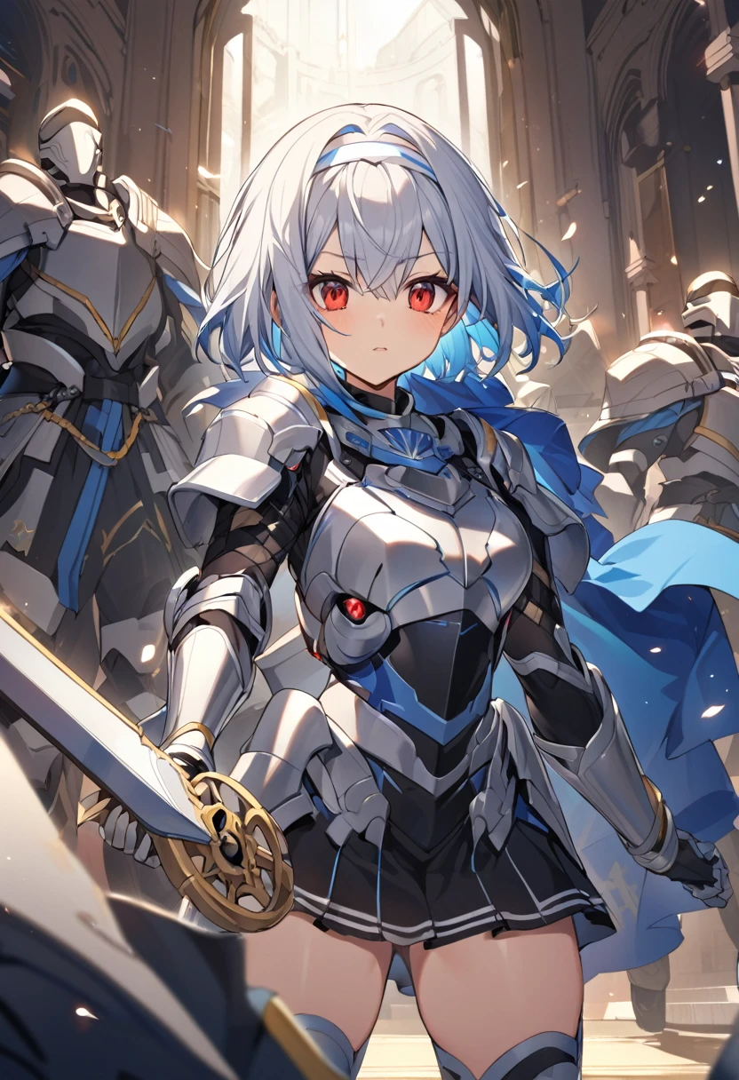 Two Girls（The first was（Silver hair short bob,Red eyes,kimono,Holds a golden sword,Silver Armor,Thighs,Blue Cape,White headband、Align to the right）、（The second person is（Long blue hair,Red eyes,Black armor,swimsuit style costume,mini skirt,Thighs,Having a spellbook,）Place Left）corrinFE、stand、中央で互いに背を向けてstand、pray、The background is brighter on the right、dark on the left.、Light and Dark、Lots of soldiers in the background、high resolution、The background in the middle is dazzling、『if』The character