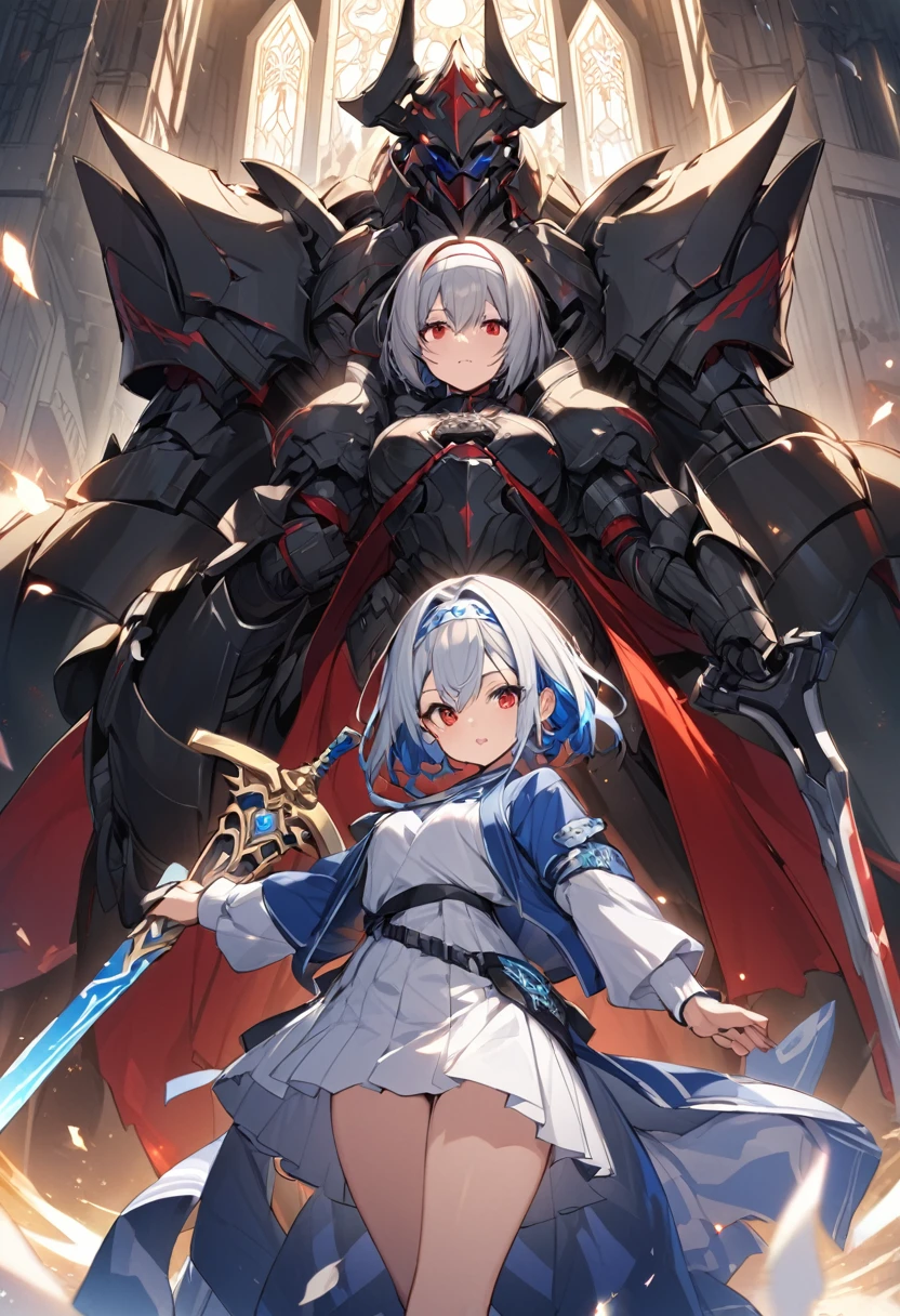Two Girls(The first was(Silver hair short bob,Red eyes,kimono,Holds a golden sword,Silver Armor,Thighs,Blue Cape,White headband、Align to the right)、(The second person is(Long blue hair,Red eyes,Black armor,swimsuit style costume,mini skirt,Thighs,Having a spellbook,)Place Left)corrinFE、stand、中央で互いに背を向けてstand、pray、The background is brighter on the right、dark on the left.、Light and Dark、Lots of soldiers in the background、high resolution、The background in the middle is dazzling、『if』The character