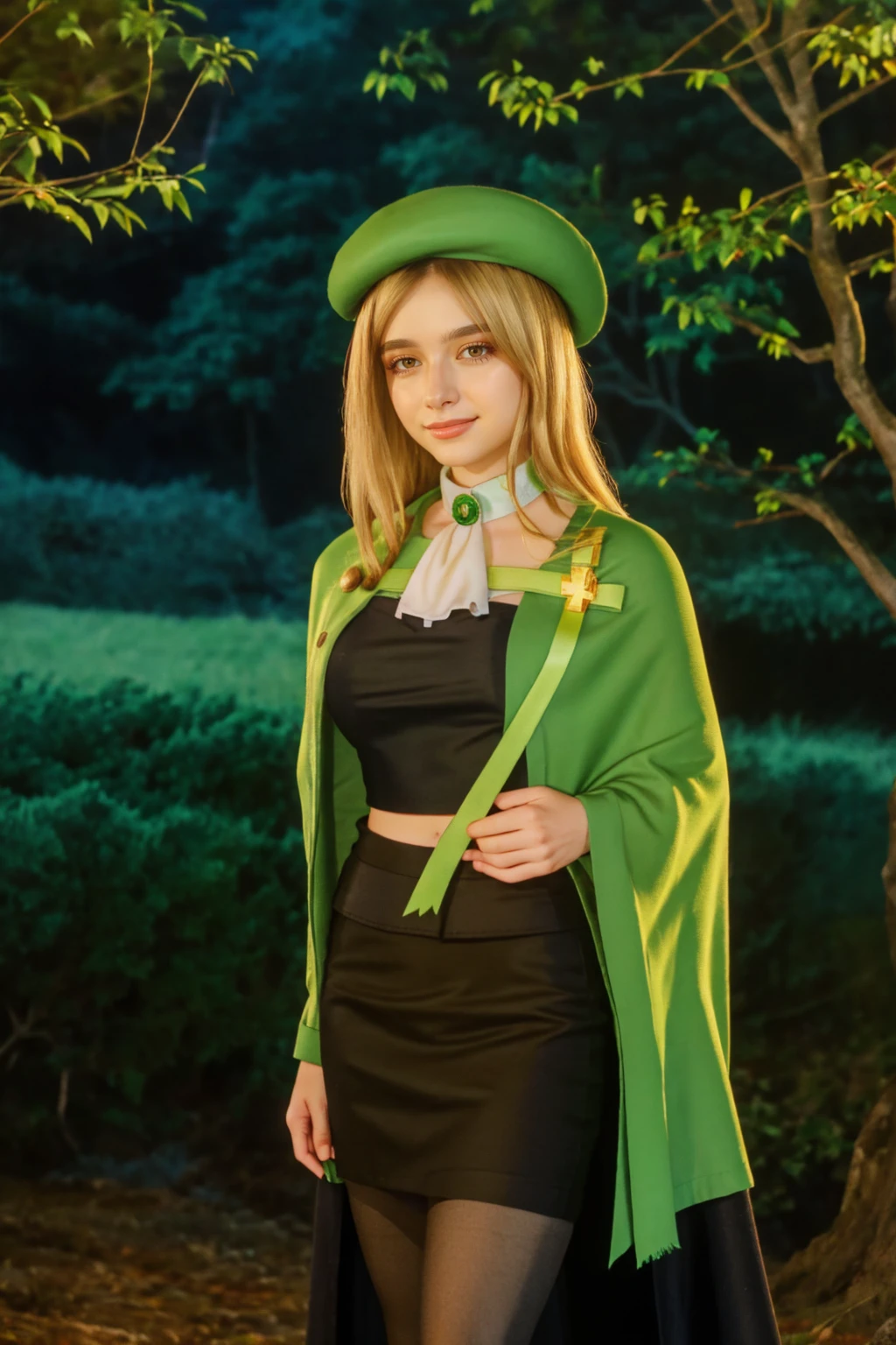 1 girl, best quality, ((Miyo)), tarankaaa, perfect face, NOT Dasha Taran, beautiful smile, 30 years old, ((ascot,uniform, black skirt, cross, ribbon, gold blonde hair, emerald, beret, cape, pantyhose)), ((perfectly drawn hands)), perfect body, bare tree, bush, fog, forest, grass, nature, outdoors, plant, scenery, solo, standing, tree, 32k photograph, ((perfect eyes, detailed eyes,realistic eyes)), ((sharp face, detailed face, realistic face, natural skin, realistic skin, detailed skin, pores)), full body, tone mapping, asian-european, ((masterpiece)), ((highres)), ((detailed background)), japanese village background, night, big proportions, (abdomen is covered)