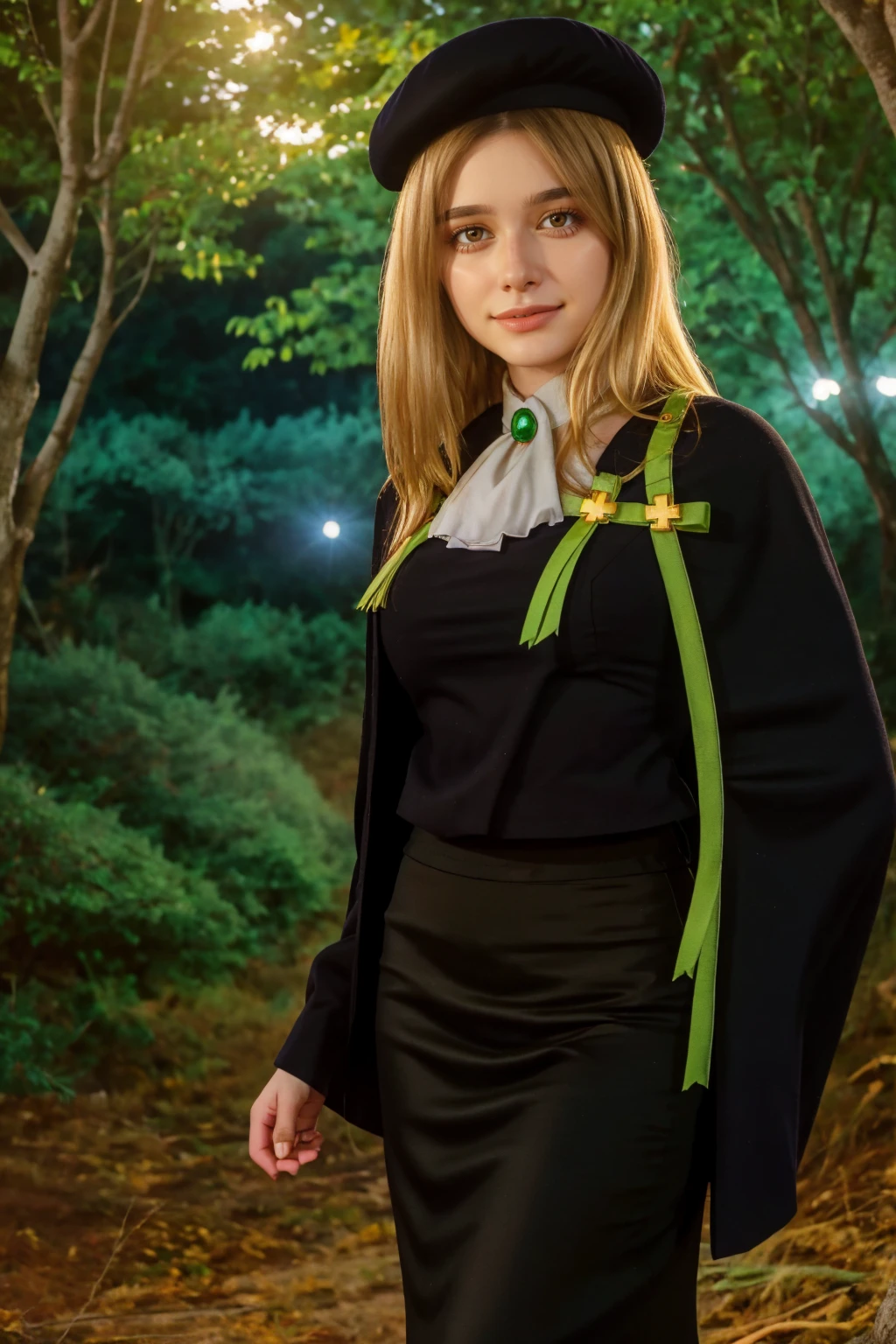 1 girl, best quality, ((Miyo)), tarankaaa, perfect face, NOT Dasha Taran, beautiful smile, 30 years old, ((ascot,uniform, black skirt, cross, ribbon, gold blonde hair, emerald, beret, cape, pantyhose)), ((perfectly drawn hands)), perfect body, bare tree, bush, fog, forest, grass, nature, outdoors, plant, scenery, solo, standing, tree, 32k photograph, ((perfect eyes, detailed eyes,realistic eyes)), ((sharp face, detailed face, realistic face, natural skin, realistic skin, detailed skin, pores)), full body, tone mapping, asian-european, ((masterpiece)), ((highres)), ((detailed background)), japanese village background, night, big proportions, (abdomen is covered)