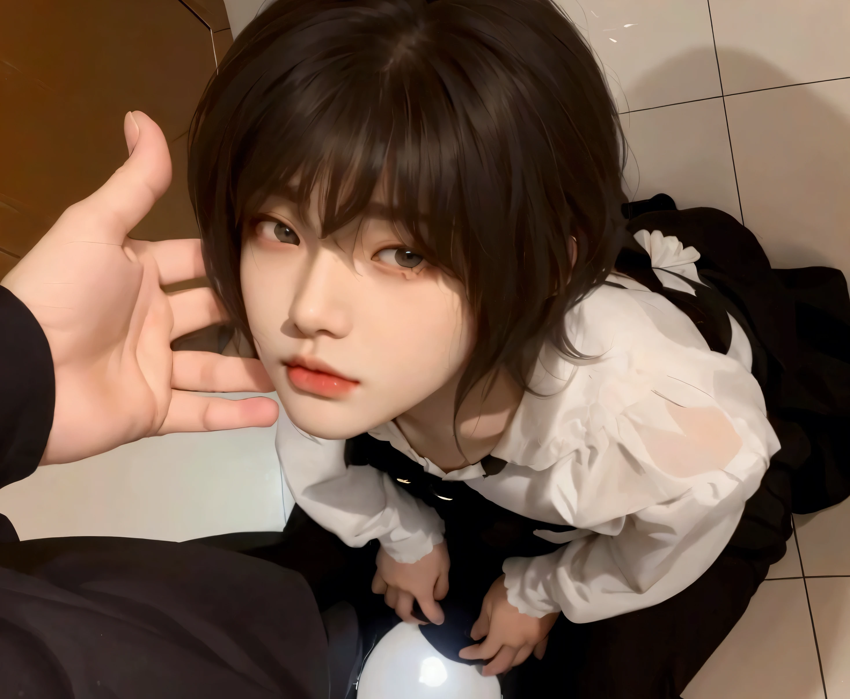 young woman/ young woman with light blonde hair, platinum ruby hair, wavy hair, Porcelain skin, milky white skin, pale skin and slightly flushed, Hwang Hyunjin&#39;s way, cabello rubio y Porcelain skin, pompous lips and face of hwang hyunjin and green eyes full of innocence. his face conveys innocence