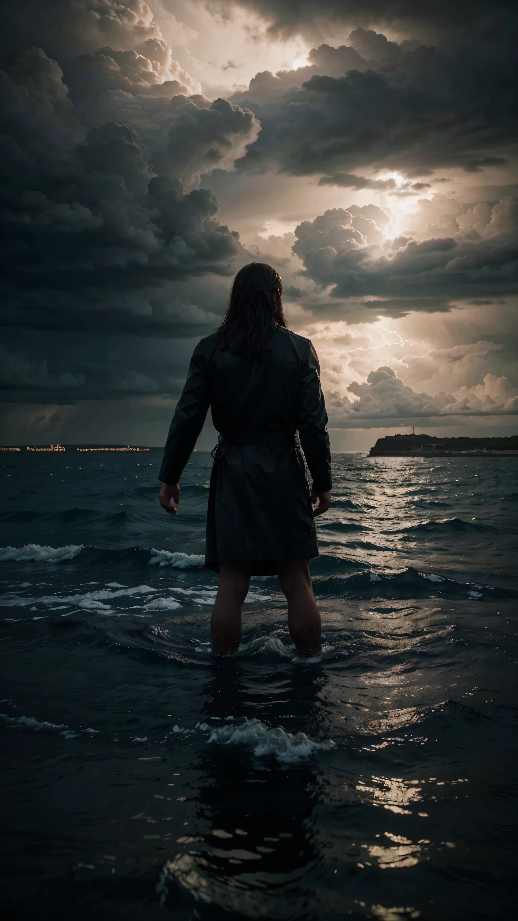 Jesus is sitting on the sea. The sky is covered with dark clouds.
Full body view,back view,
Hyper-realistic photography, gentle soft dark lightning, real photo,Cinematic style,realistic environment,low contrast, 32k resolution , highly detailed, realistic face.