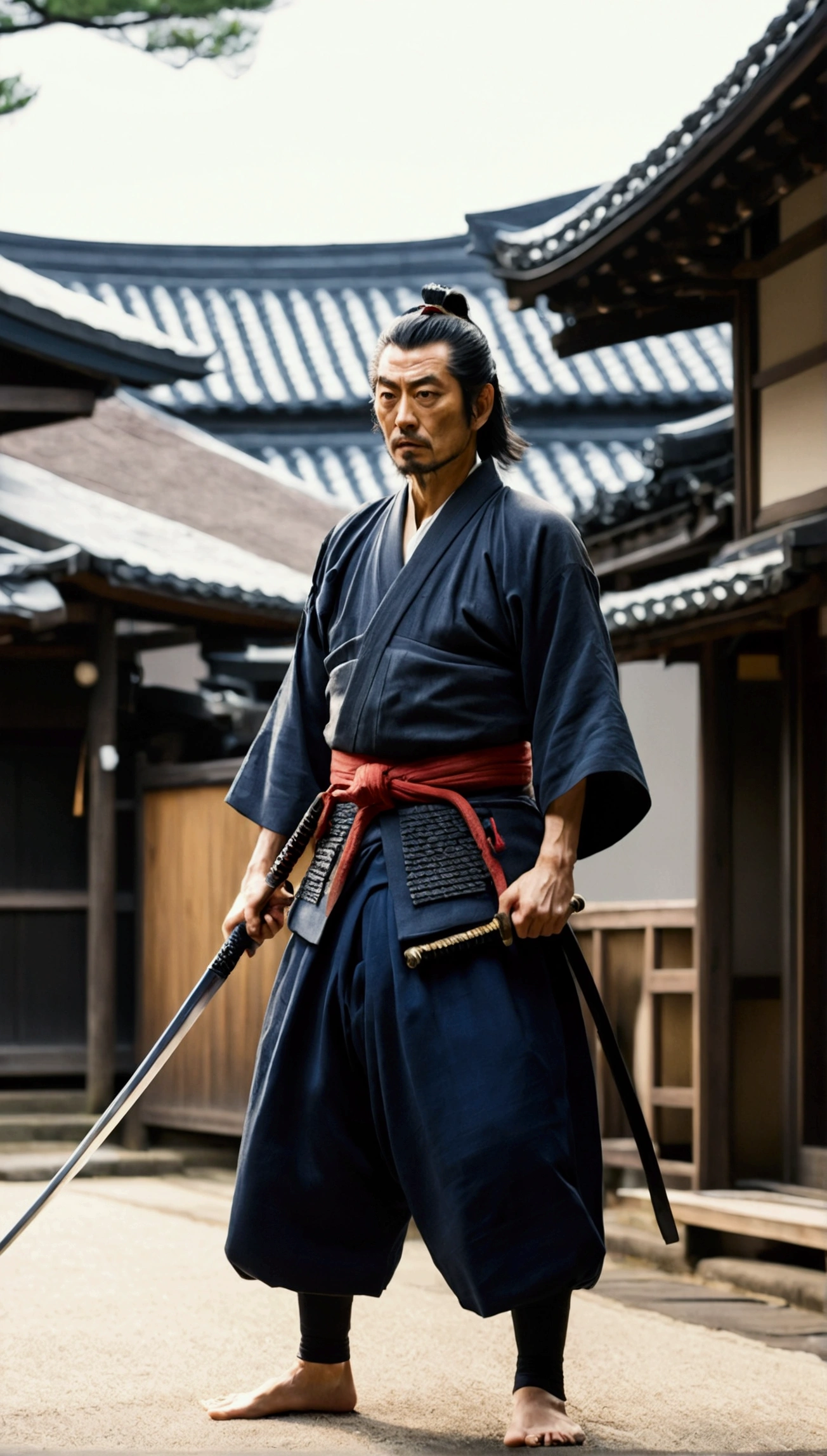 A scene of Miyamoto Musashi facing off with his sword at the ready。The Edo period streetscape in the background