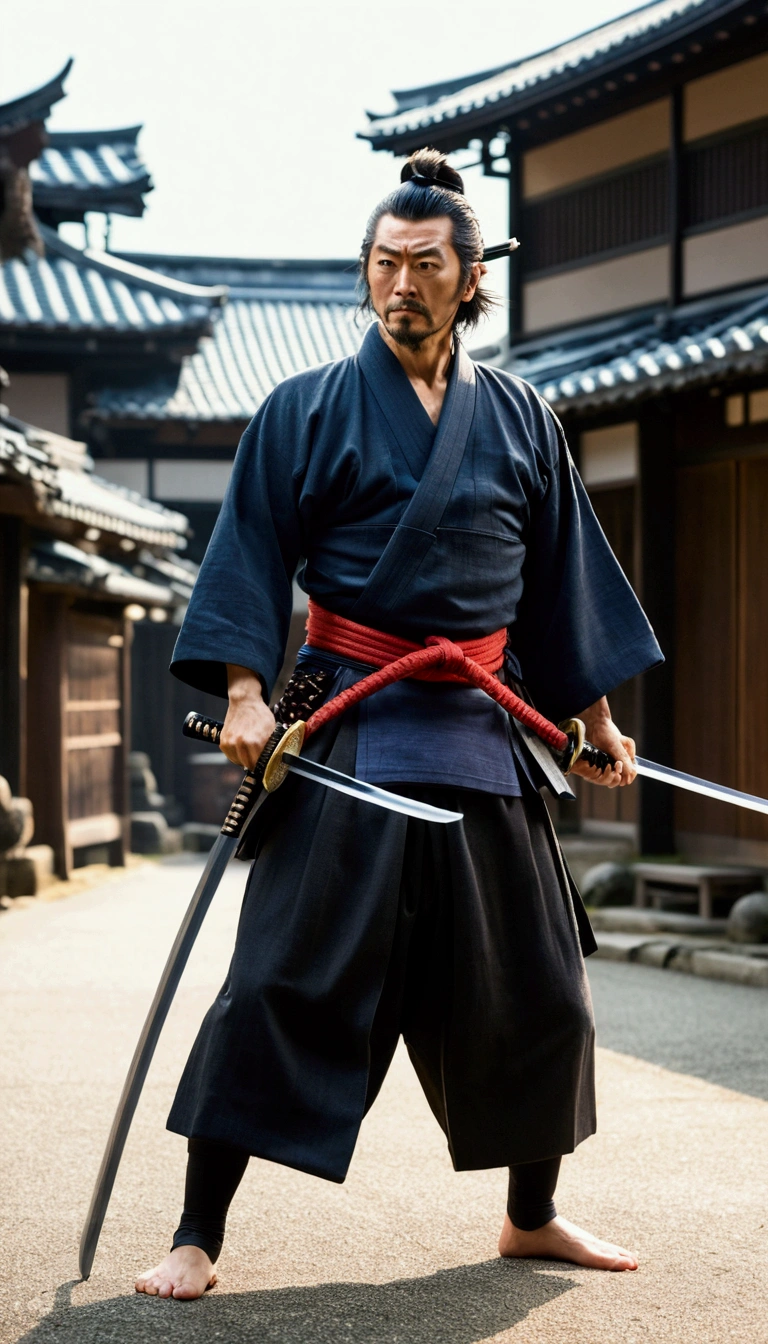 A scene of Miyamoto Musashi facing off with his sword at the ready。The Edo period streetscape in the background