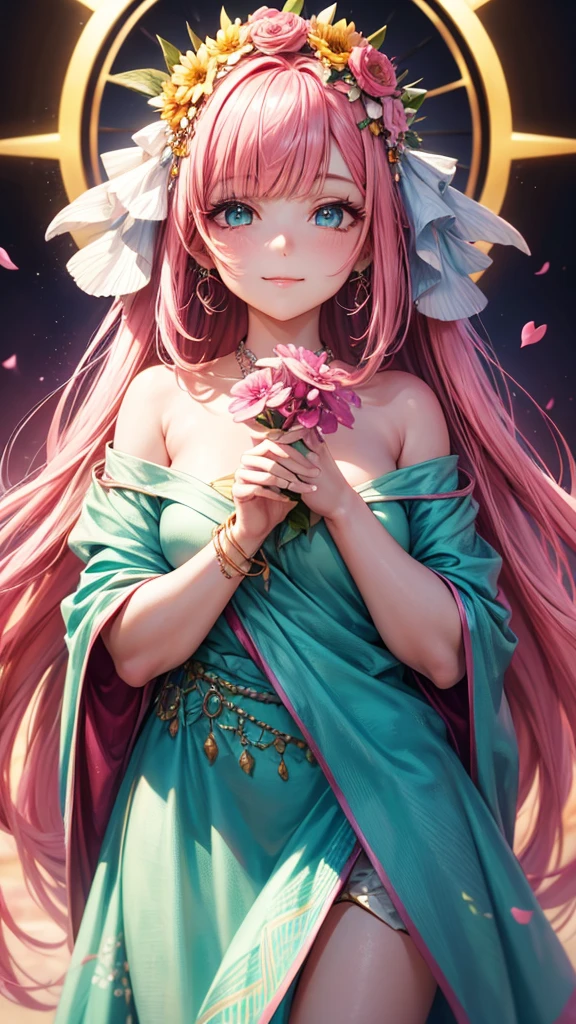 (She holds the flower in both hands.),pink hair, hair over shoulder, parted bangs, jewelry, flower on head, mismatched pupils, aqua eyes, heart earrings, light smile, closed mouth, cinematic lighting, UHD, textured skin, high details, best quality, highres, 4K, 8k,