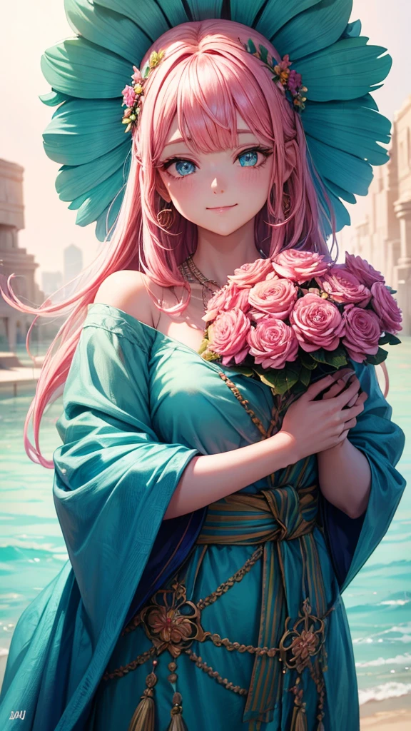 (She holds the flower in both hands.),pink hair, hair over shoulder, parted bangs, jewelry, flower on head, mismatched pupils, aqua eyes, heart earrings, light smile, closed mouth, cinematic lighting, UHD, textured skin, high details, best quality, highres, 4K, 8k,
