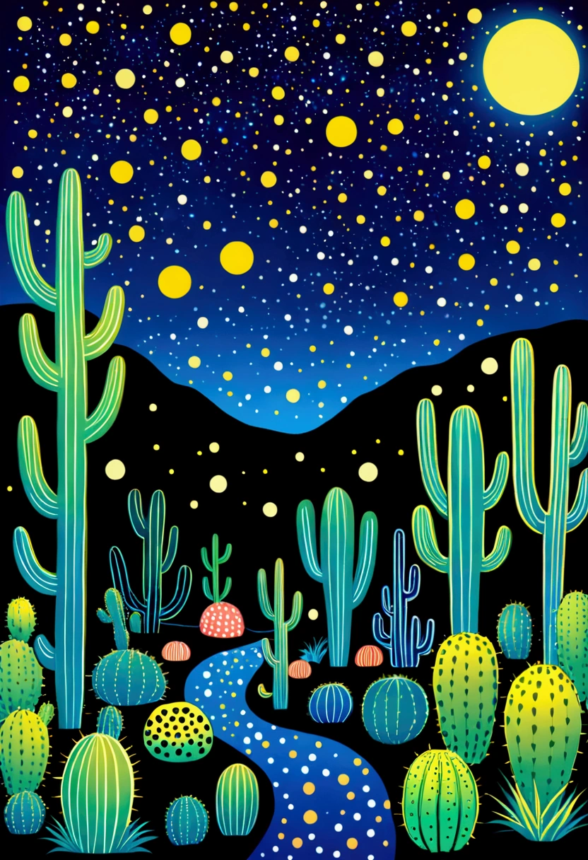Blue starry sky、Neon，cactus，firefly，Dreamy colors，Illustration style（Artists can refer to Yayoi Kusama）