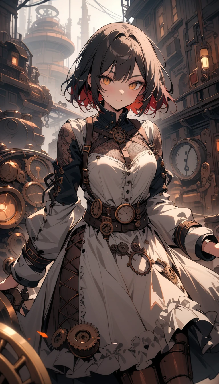 ((best quality)) , ((masterpiece)) , (detailed),Color splash, Ghostly Astronaut (Li Gong:1.3) , wearing Shabby Chic Wrap dress, has metallic plating, Colored hair, Fossil fuel power station in background,steampunk style . antique, mechanical, brass and copper tones, gears, intricate, detailed