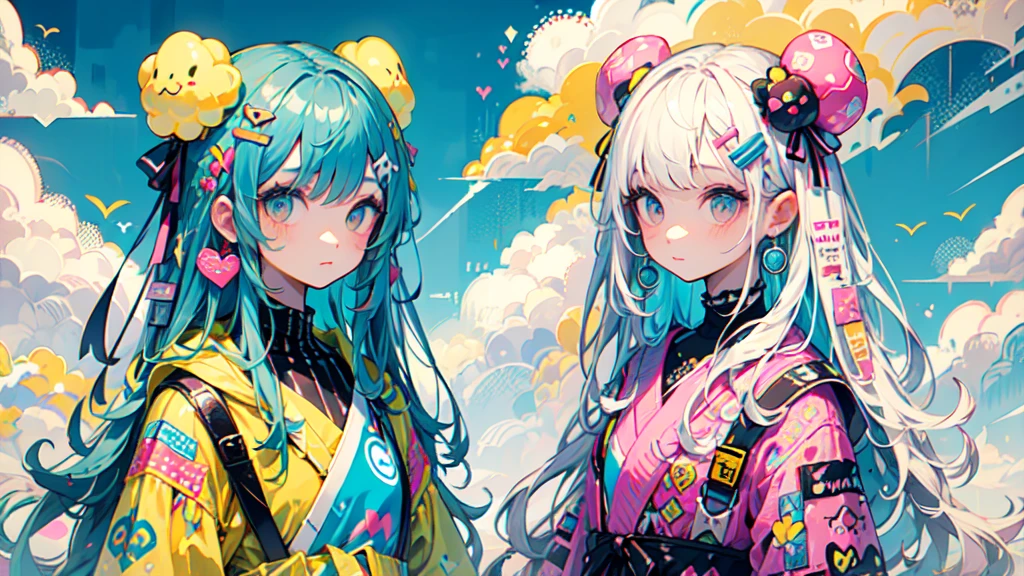 "cute, beautiful, Cute in pink clothes, yellow, and sky blue color scheme. Wear clothes with a sky motif, such as clouds and the sky... Her outfit is fluffy and soft.., Comes with decorative accessories such as hair clips.. Embodying the vibrant and modern Harajuku fashion style。.."