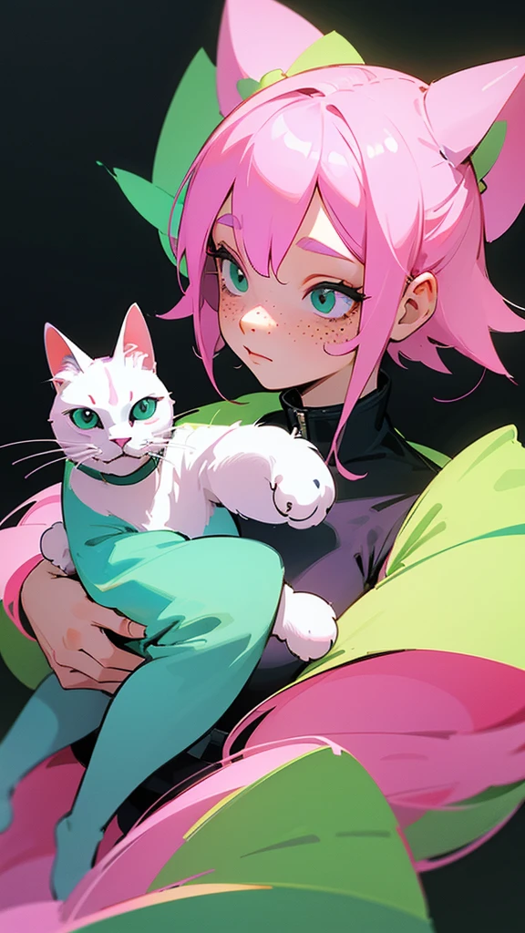 An illustration of a quirky girl with pink hair, in the style of Flat shading, Gemma Correll, with freckles and a cat on her shoulder, photo-manipulated, cyberpunk genre, pastel green --ar 48:85 --niji 5