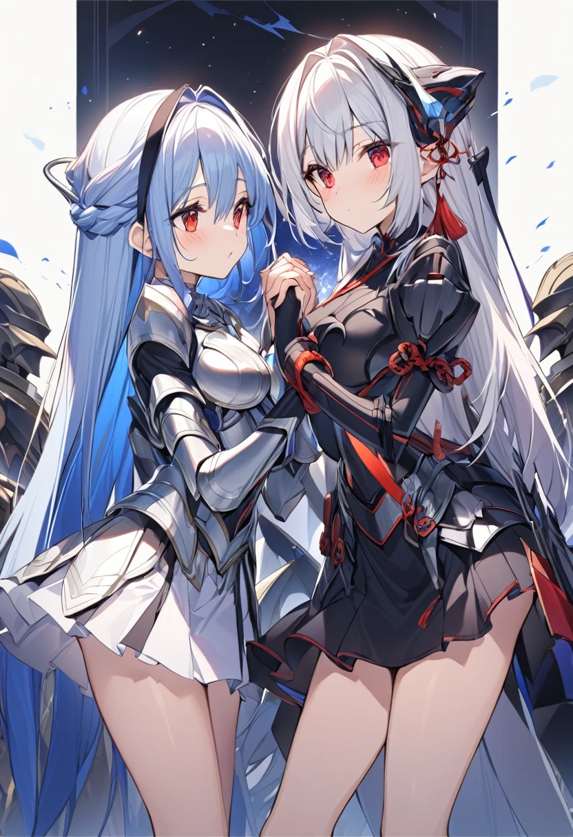Two Girls(The first was(Silver hair short bob,Red eyes,kimono,Holds a golden sword,Silver Armor,Thighs,Blue Cape,White headband、Align to the right)、(The second person is(Long blue hair,Red eyes,Black armor,Dress-style outfits,mini skirt,Thighs,Having a spellbook,)Place Left)corrinFE、stand、face each other in the center and hold hands、Gazing at each other、The background is brighter on the right、dark on the left.、Light and Dark、Lots of soldiers in the background、high resolution、The background in the middle is dazzling、