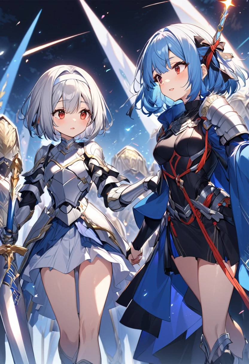 Two Girls（The first was（Silver hair short bob,Red eyes,kimono,Holds a golden sword,Silver Armor,Thighs,Blue Cape,White headband、Align to the right）、（The second person is（Long blue hair,Red eyes,Black armor,Dress-style outfits,mini skirt,Thighs,Having a spellbook,）Place Left）corrinFE、stand、face each other in the center and hold hands、Gazing at each other、The background is brighter on the right、dark on the left.、Light and Dark、Lots of soldiers in the background、high resolution、The background in the middle is dazzling、