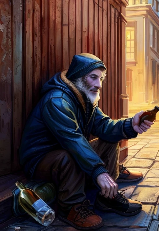 LitRPG, RealRPG, Black gray and magic blue, blue window specifications, homeless man in shabby clothes, in dirty black jackets, homeless man throws a bottle and a stone, bum thrower, фантазия в мир феньези, бомж кидает в камеру,