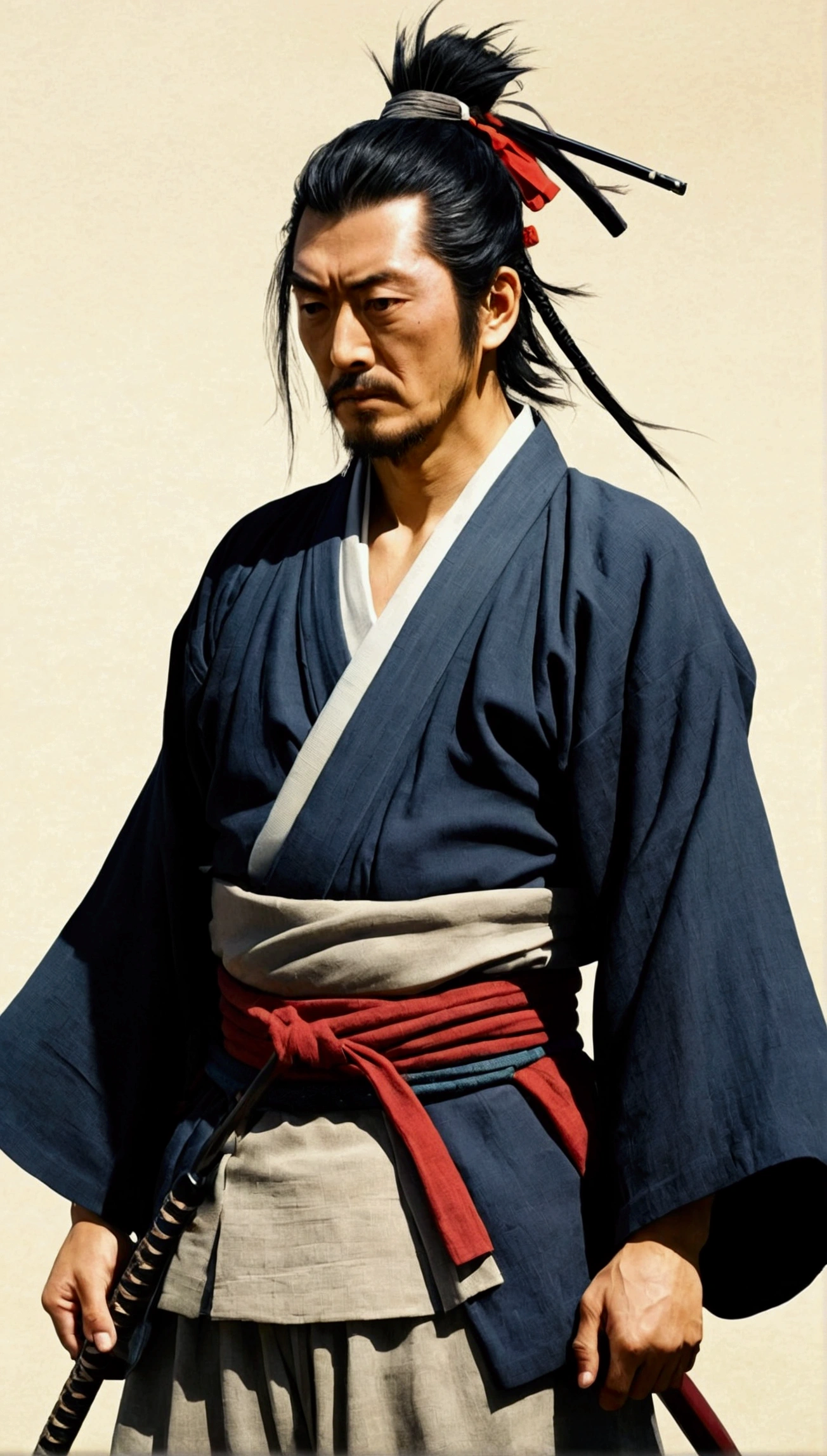 Miyamoto Musashi tired during a journey。His clothes are dirty、Her hair is also messy.