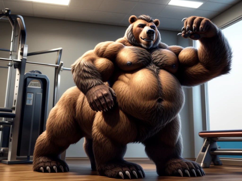furry, fur taur, beartaur, human-like, anthro, middle-age, solo,1man, detailed face, bear ears, bear eyes(brown), bear nose(black), bear mouth, beard(grey), hair, mature hair(grey), detailed arm, thick arm, forearm hair, muscular, thick hands(5 fingers), thick claws, detailed body belly, thick body, muscle belly(white), thick chest, chest hair(white), nipples, detailed taur body, thick taur body, waist hair, thick bear paws, bear paws hair, thick bear claws, thick bear tail, full body shot, standing in the north america fitness centar
