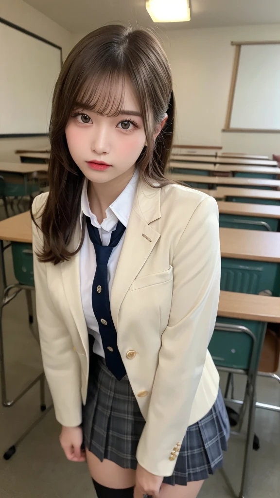 (masterpiece:1.5)、(Realistic:1.5)、(Highest quality:1.4、8k、RAW Photos）、
Ultra-high resolution、Professional Lighting、Perfect dynamic composition、classroom、
Film Grain、chromatic aberration、(Bokeh:1.1)、
Frank、Sophisticated、charm、Surreal、Attention to detail、Golden Ratio、
(1 girl)、Slender girl、Delicate and charming girl、Cute Woman:1.4、
Serious expression、Looking at the audience、Long Hair、
Light brown hair、Shiny Hair、Hairstyle: ponytail、
Realistic looking skin、
Beautiful Eyes、double eyelid、Thin arms、School uniforms、blazer、Dress shirt、Check skirt、Knee socks、Standing posture