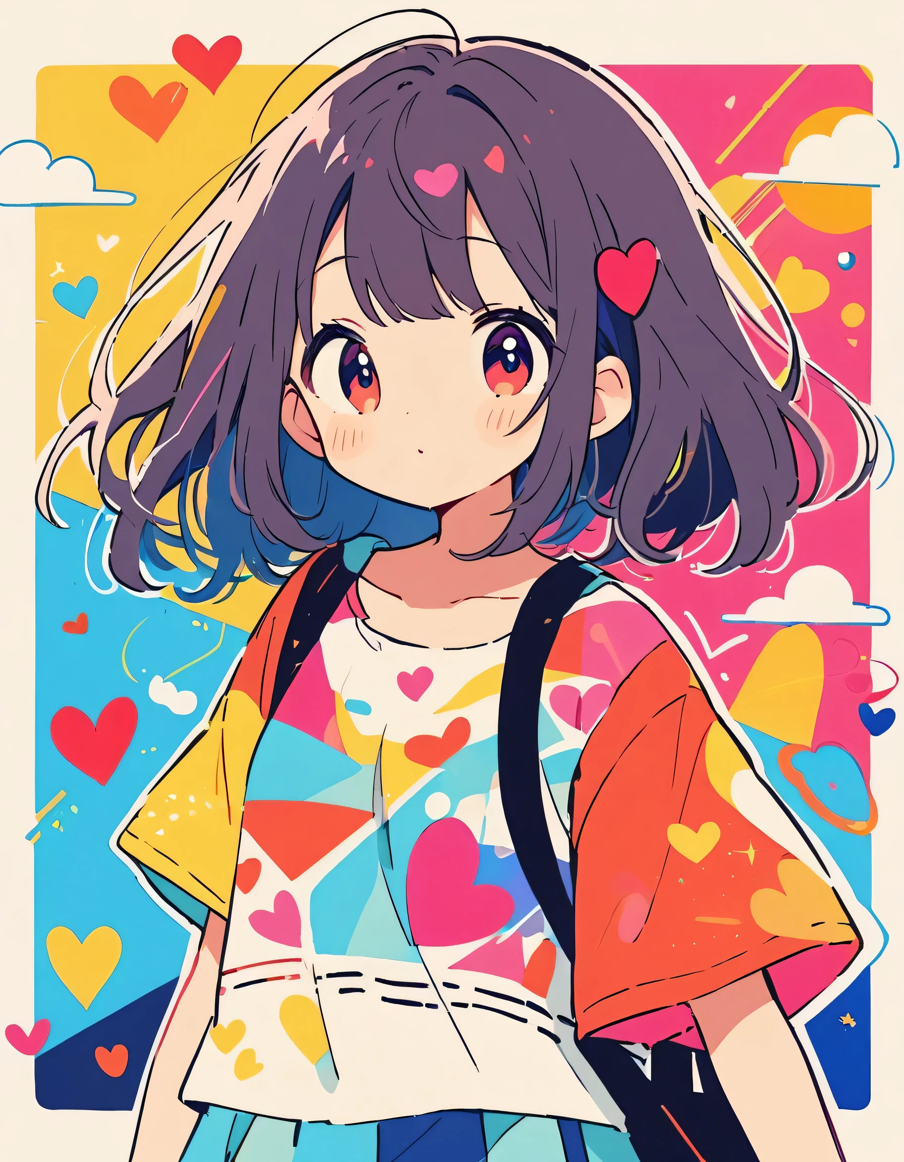 Hayao Miyazaki colorful style, Simple Line Initialism，Abstract art，Urban Background, (((The most beautiful girl of all time))), Sweet face. colorful hearts, kawaii design, The background is space, (((stylish summer clothes)))