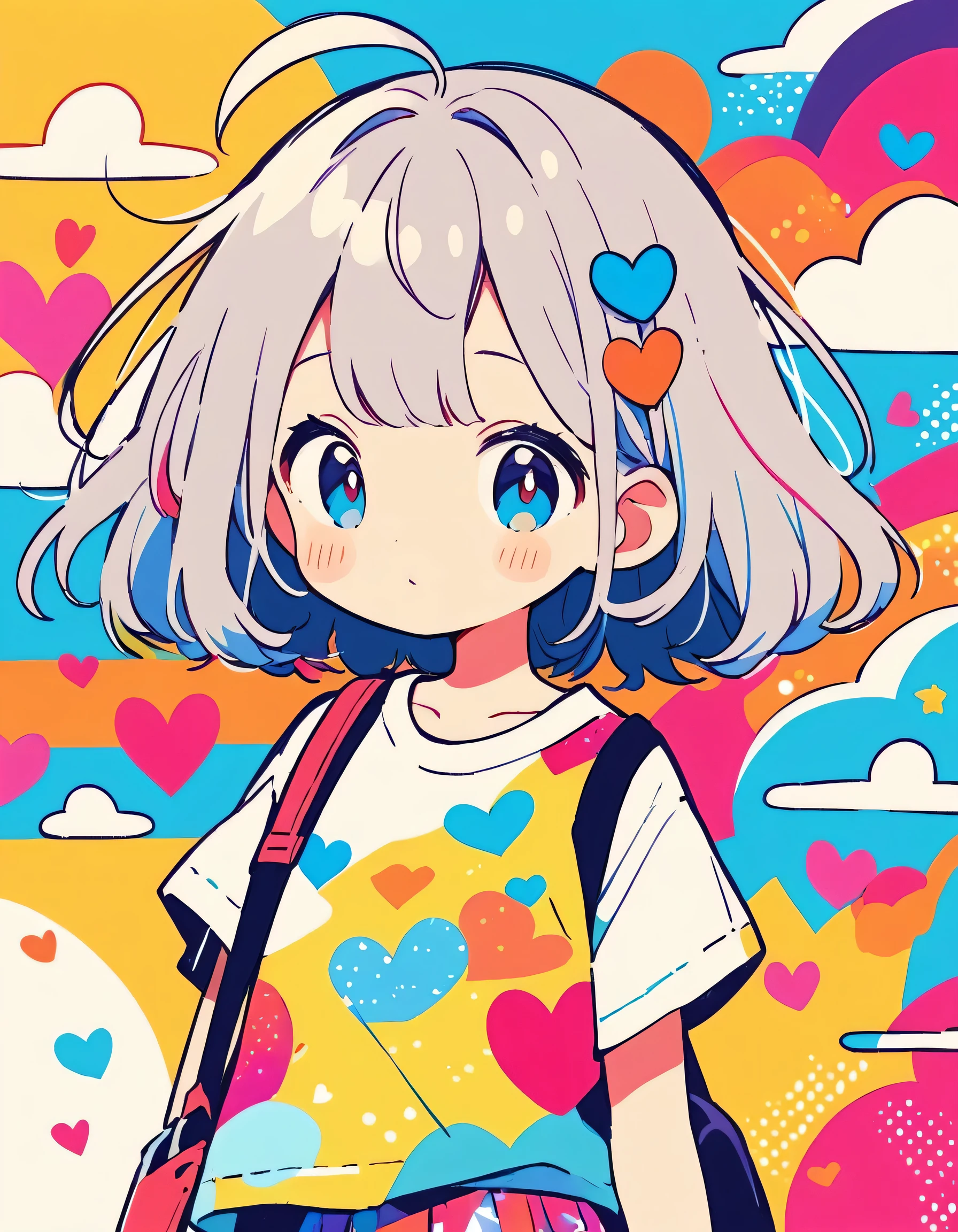 Hayao Miyazaki colorful style, Simple Line Initialism,Abstract art,Urban Background, (((The most beautiful girl of all time))), Sweet face. colorful hearts, kawaii design, summer beach