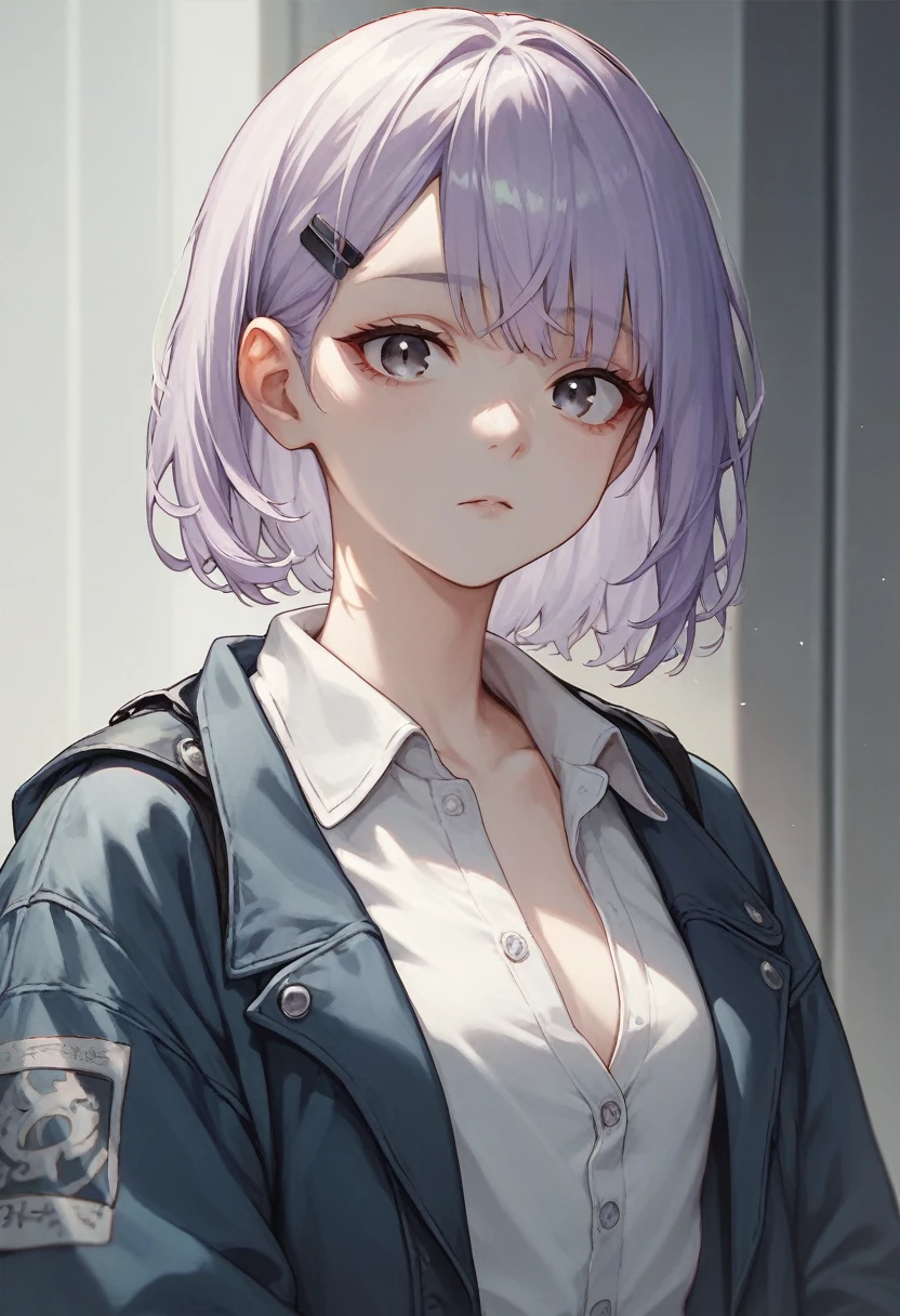 Girl with light purple hair, pale skin, black narrow eyes, dressed black a wide top with an unbuttoned jacket on, on her head there is a lot of  hair clip on bangs an