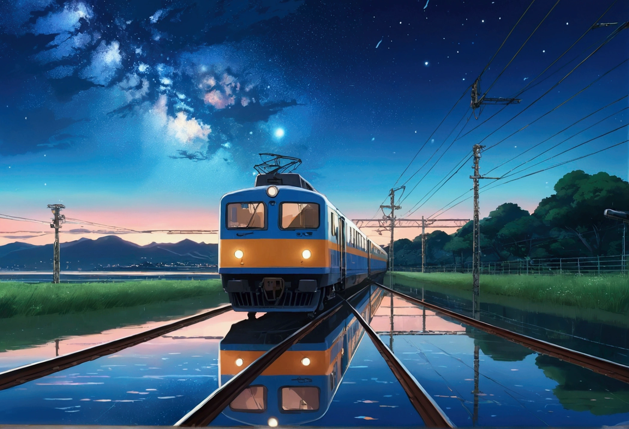 Masterpiece, Anime train passing through bodies of water on tracks, Bright starry sky. Romantic train, Makoto Shinkai's picture, Pisif, concept-art, Lofi art style, Reflection. By Makoto Shinkai, Lofi art, beautiful anime scenes, Anime landscape, Detailed scenery —width 672, in the style of makoto shinkai, Makoto Shinkai's style, Enhanced detail.